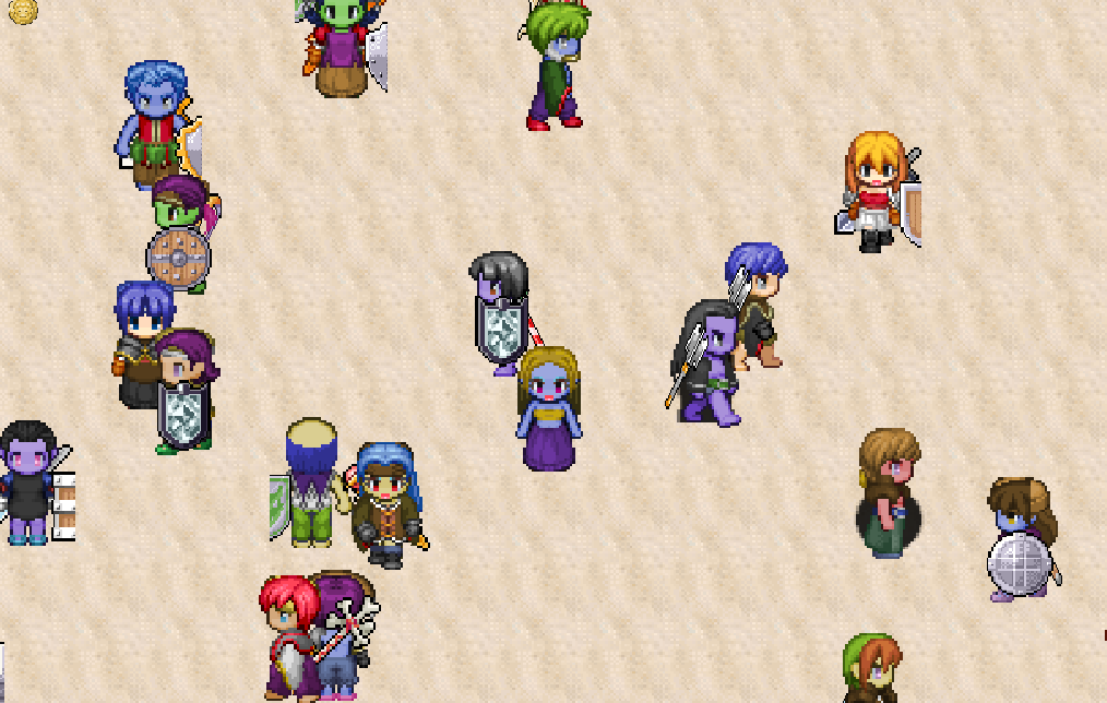 Cena do jogo com vários personagens em uma área de areia.