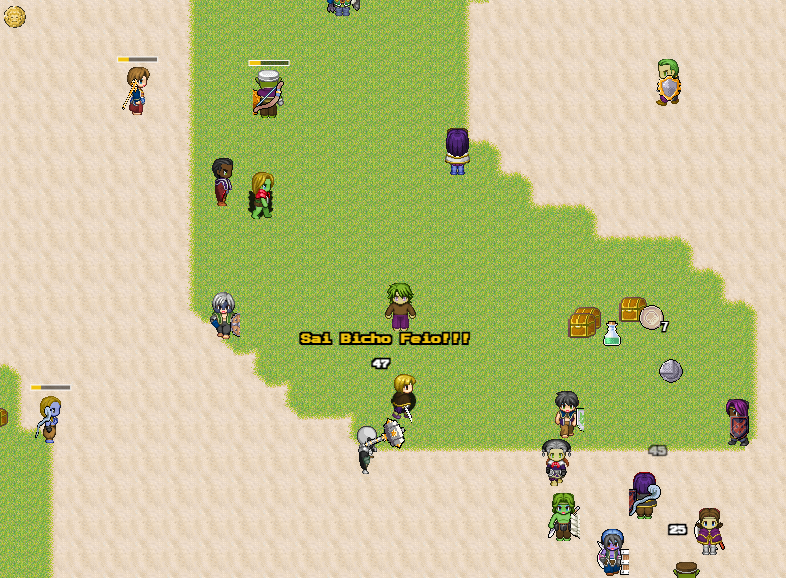 Diversos personagens interagindo em uma área de grama e areia.